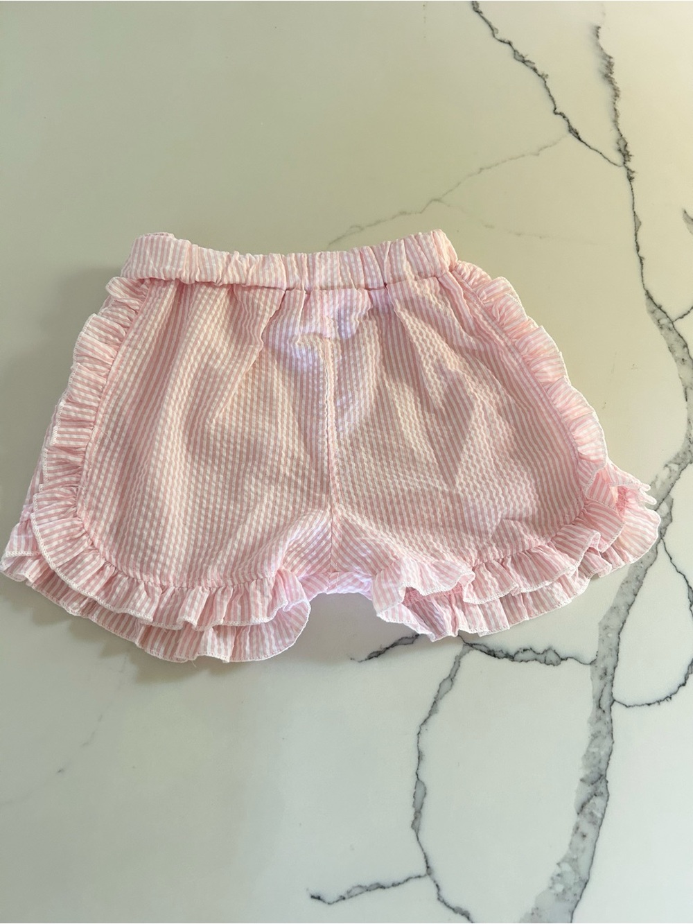 Girls Pink Ruffle Seersucker Shorts